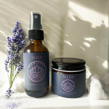 The image shows a Magnesium Sleep Set consisting of a spray bottle and a jar of body butter, both with labels, placed on a surface with a sprig of lavender next to them.